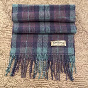 Vintage Pringle Scotland Pure Wool Scarf Pastel Purple and Blue Plaid Tartan